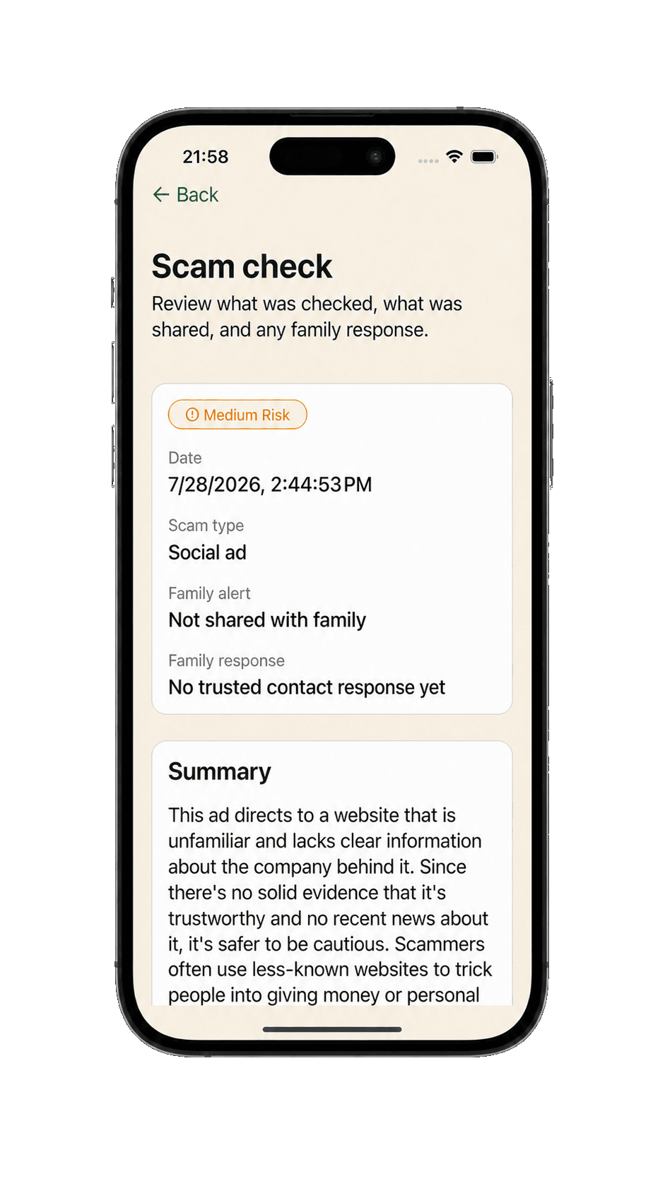 Parent-facing SafeMate scam check result with a medium-risk badge, plain-language summary, and trusted-contact status