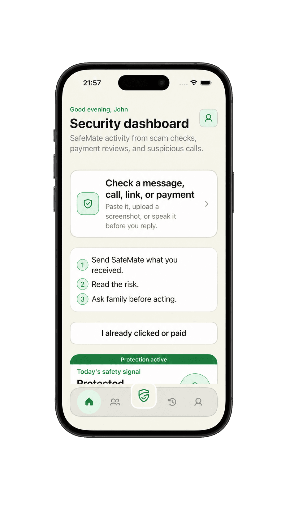 SafeMate security dashboard screen with a scam check entry point and safety signal