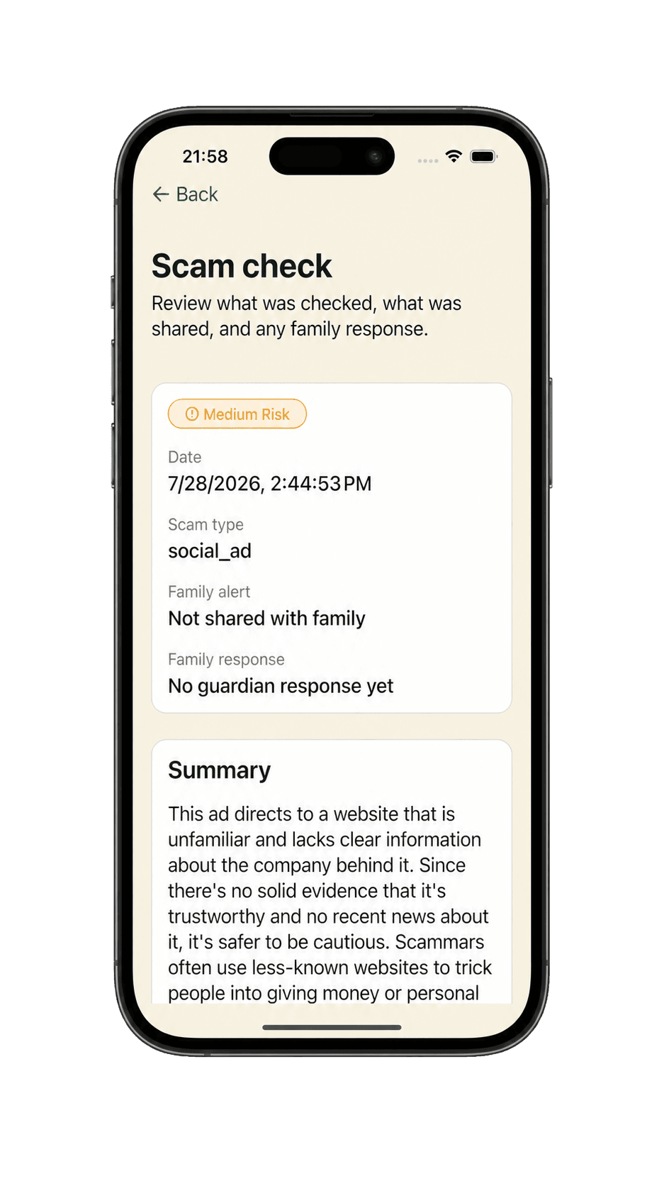 SafeMate scam check result with a medium-risk badge and a plain-language summary