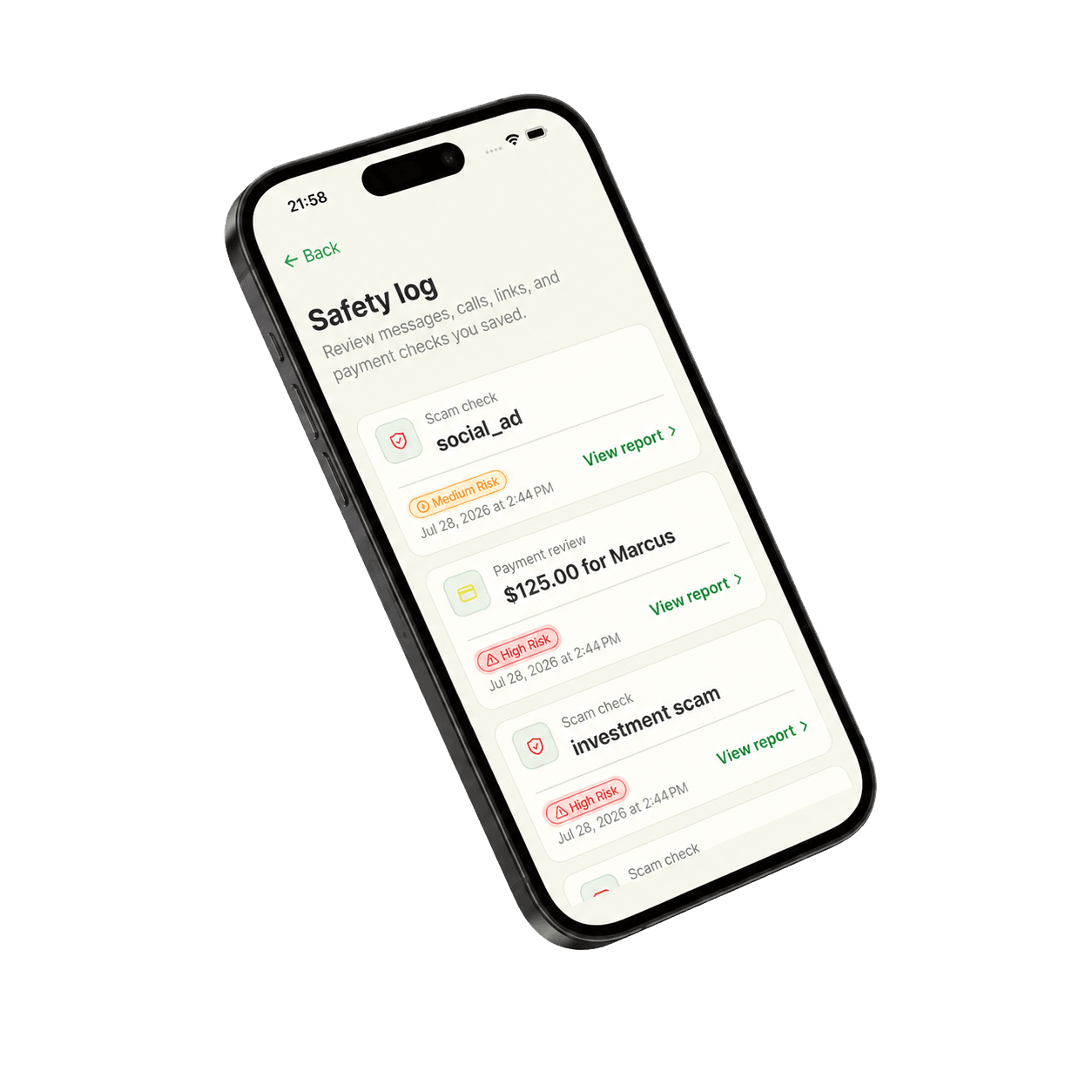SafeMate safety log listing saved scam checks and payment reviews with their risk levels